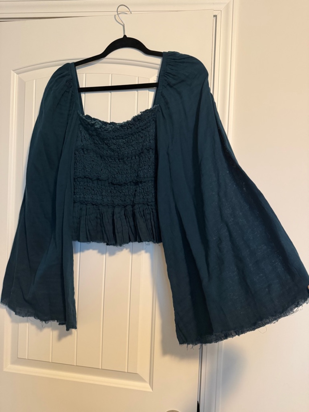 Free People Teal Smocked Crop Top with Bell Sleeve Overlay